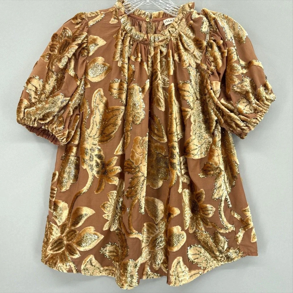 Ulla Johnson Blouse 2 Brown Floral Velvet Puff Sleeve Tunic Top Metallic Party